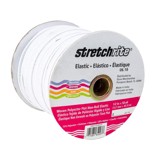 Stretchrite 1NSS1101WHTE Bobina elástica de poliéster Tejida Plana de 1/2 x 50 Yardas, Color Blanco