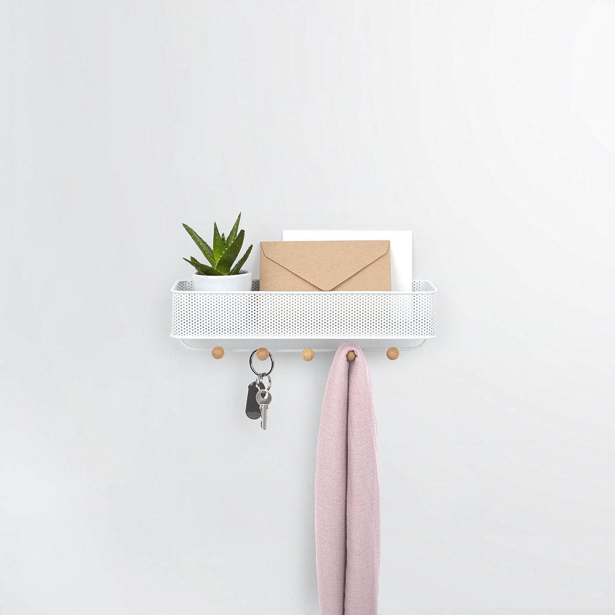 Organizador de entrada Umbra Estique, ideal para guardar llaves, pequeños accesorios, correo, carteras y más. Color blanco,Tamaño chico