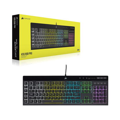 Corsair K55 RGB Pro Teclado para Juegos con Cable de Membrana – IP42 Resistente al Polvo y derrames – 6 Teclas Macro con integración Elgato – Compatible con iCUE – QWERTY NA – PC, Mac y Xbox – Negro