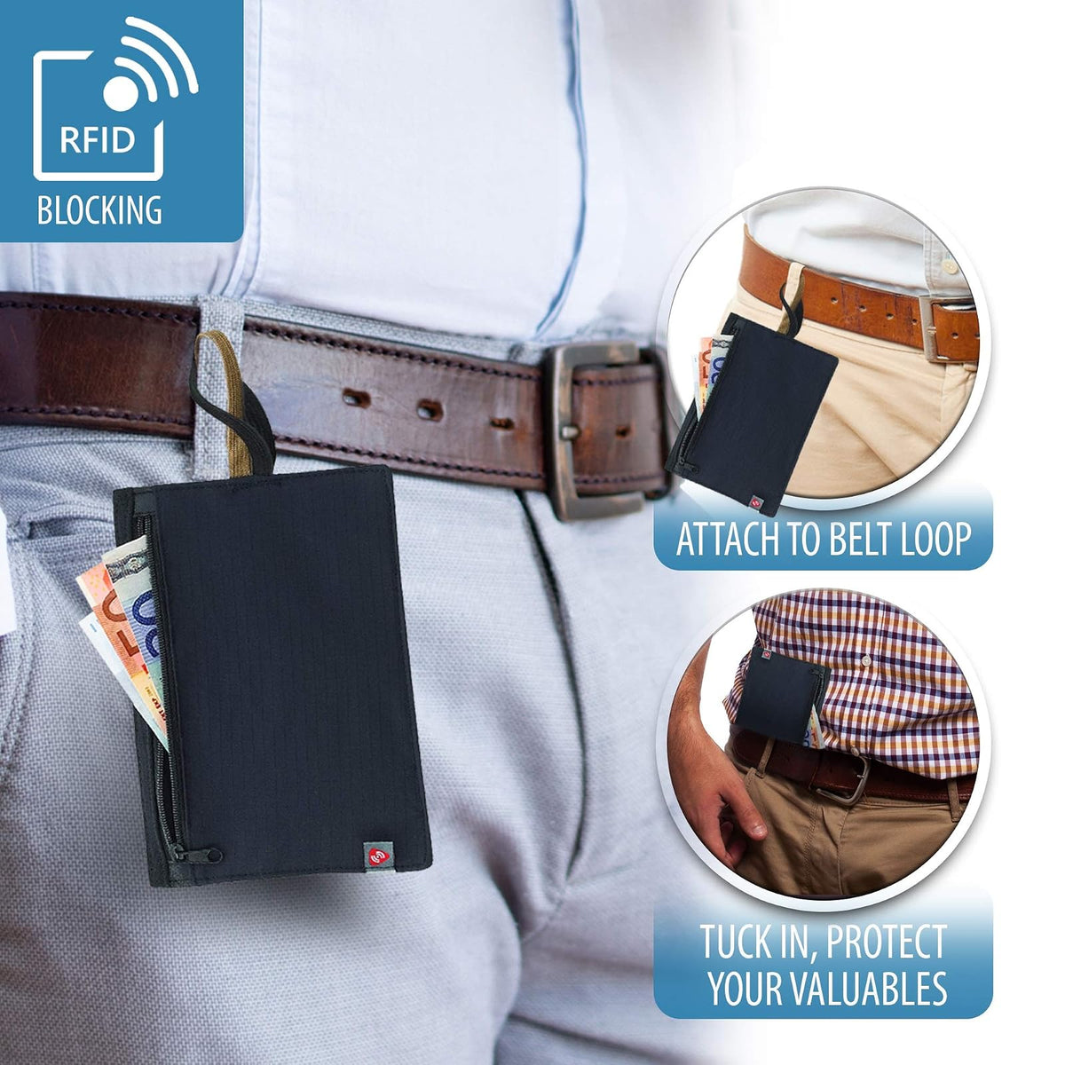 Lewis N. Clark RFID-Blocking - portafolios para cinturón de viaje oculta, Rfid - Cinturón para billetes y tarjetas de crédito, Negro, Una talla