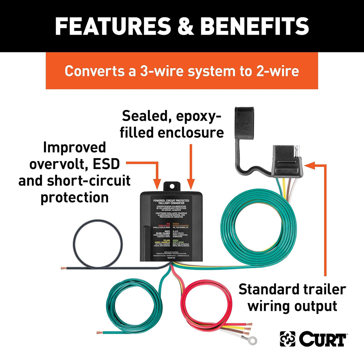 CURT 56496 Convertidor de Luz Trasera de Remolque de 3 a 2 Cables, Arnés de 4 Pines, Negro