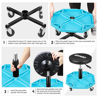 DNA MOTORING - Taburete mecánico neumático de Altura Ajustable con Bandeja de Herramientas, Capacidad máxima de Peso de 300 Libras, Azul, TOOLS-00480