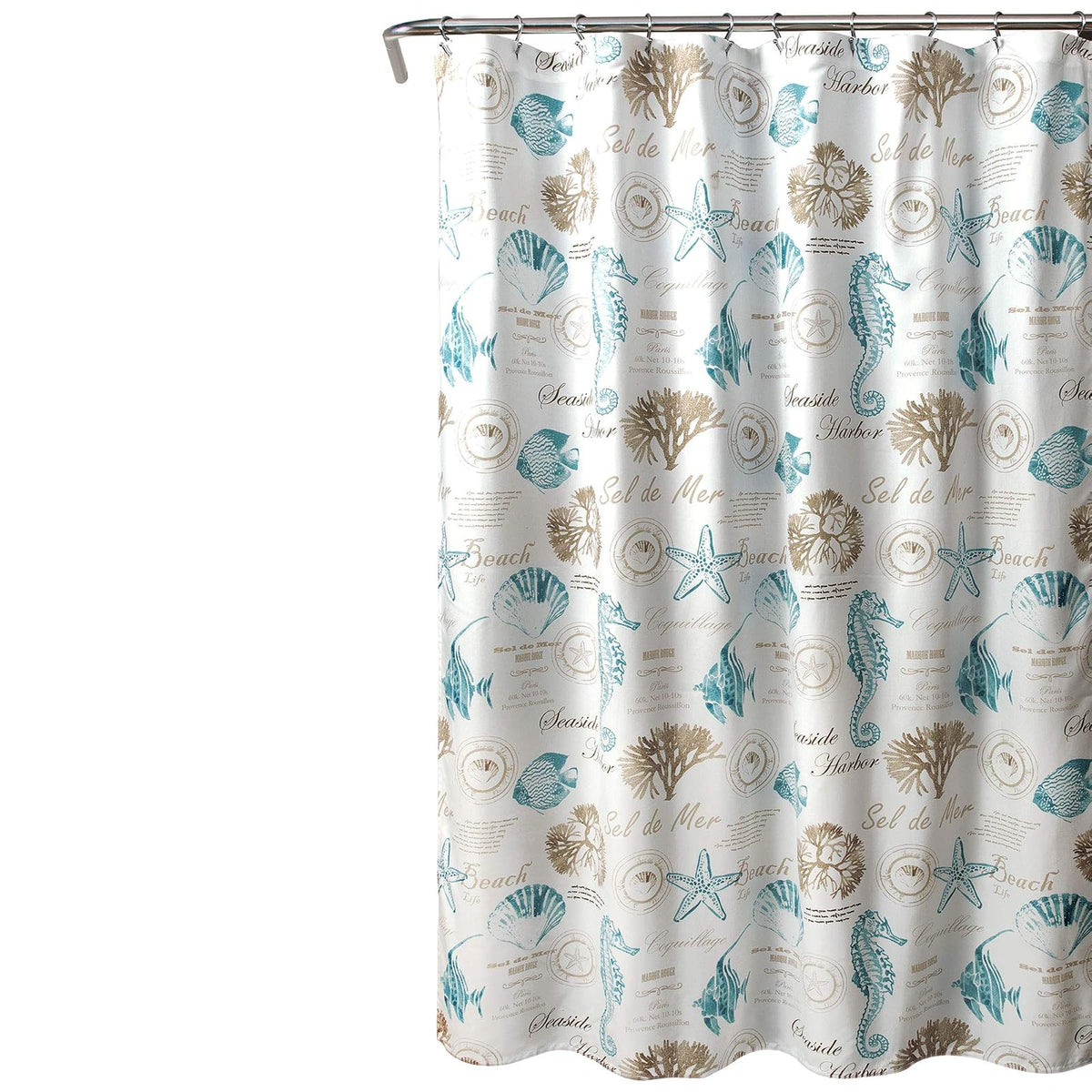 Lush Decor Harbor Life - Cortina de Ducha de 72 Pulgadas de Ancho x 72 Pulgadas de Largo, Azul y Gris Pardo, decoración Costera, Cortina de baño océano, casa de Playa