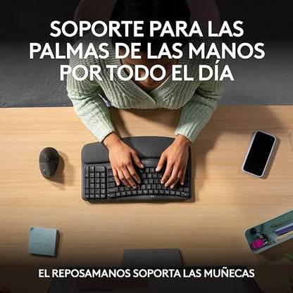 Logitech Wave Keys, Teclado ergonómico inalámbrico con reposamanos Acolchado, Escritura Confortable y Natural, Easy-Switch, Bluetooth, Logi Bolt, multisistema, Windows/Mac - Grafito