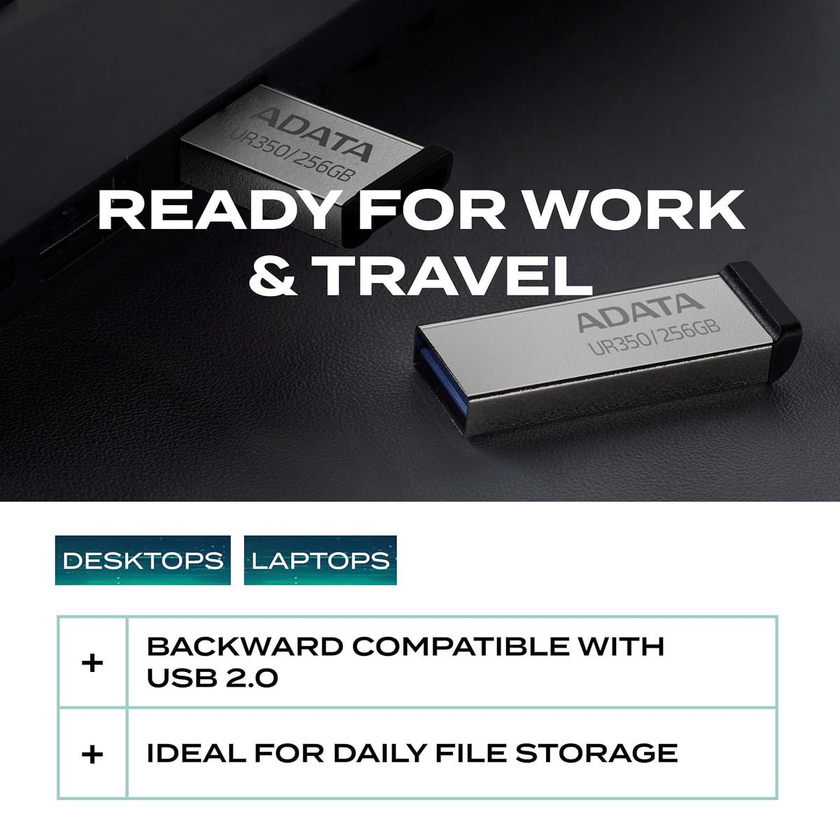 ADATA 256 GB Memoria Flash USB 3.2 Diseño sin Tapa Material Metalico (Modelo UR350-256G-RSR/BK)