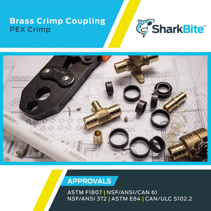 SharkBite Acoplamiento de crimpado de 3/4 pulgadas, paquete de 10, ajuste de fontanería de latón, tubo PEX, PE-RT, UC016LFA10
