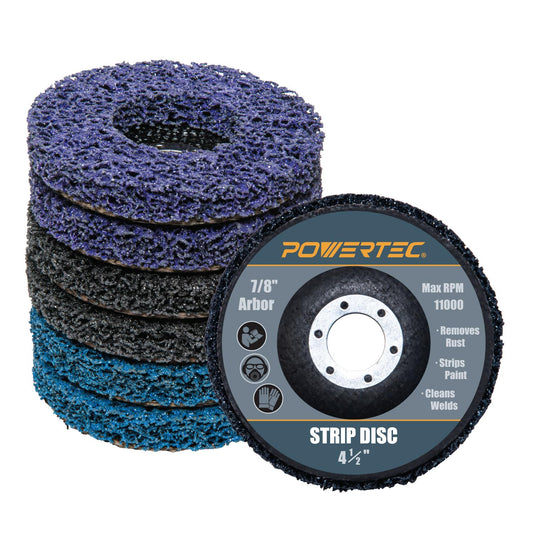 POWERTEC 11103 - Disco de tira de 4-1/2 pulgadas para amoladora angular, 6 unidades, rueda de pelado de eje de 7/8 pulgadas, elimina el revestimiento de pintura, soldaduras de óxido para preparación