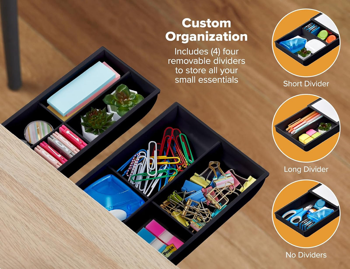 Bostitch Konnect - Cajón para debajo del computadora, organizador de almacenamiento autoadhesivo con 4 divisores personalizables, paquete de 2