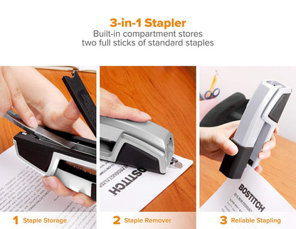 Bostitch Office Epic All Metal Grapadora 3 en 1, capacidad de 25 hojas, con removedor integrado y almacenamiento de grapas, plata (B777R-SLV)