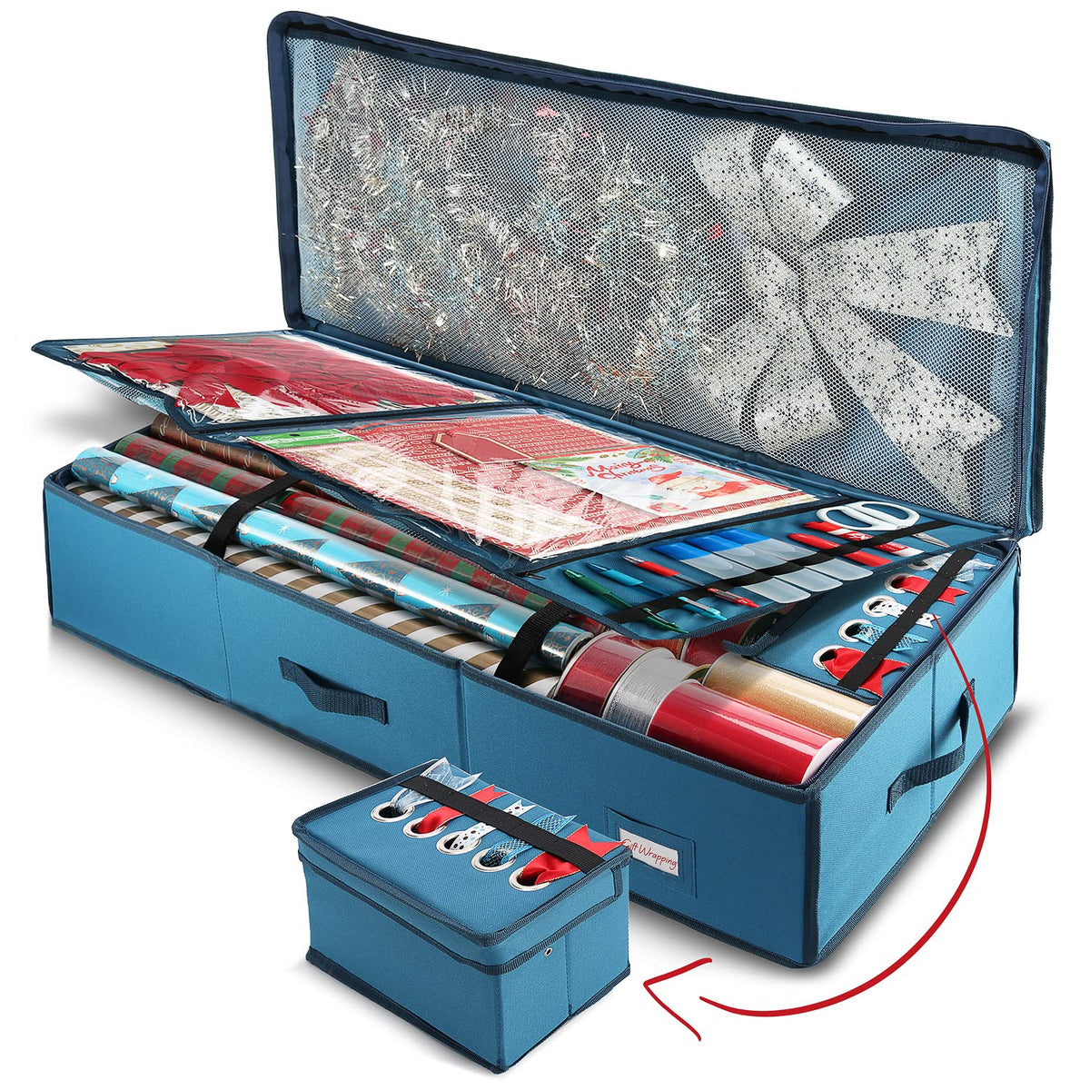 Hearth & Harbor - Contenedor de almacenamiento de papel de regalo con cinta organizador de almacenamiento - Bolsa de almacenamiento de Navidad con bolsillos interiores extras - Organizador de regalo - Caja de almacenamiento rectangular de tela para fiesta