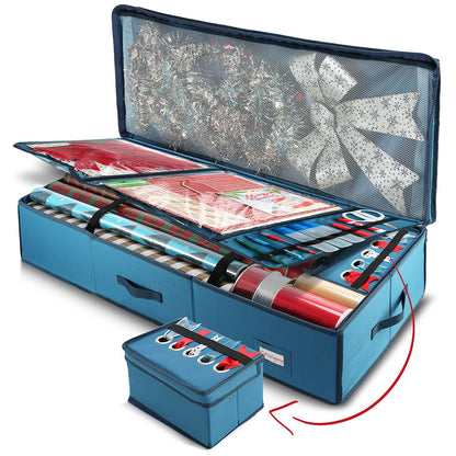Hearth & Harbor - Contenedor de almacenamiento de papel de regalo con cinta organizador de almacenamiento - Bolsa de almacenamiento de Navidad con bolsillos interiores extras - Organizador de regalo - Caja de almacenamiento rectangular de tela para fiesta