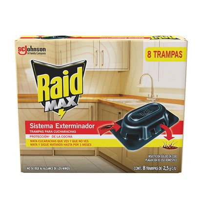 Raid MAX Trampas Insecticida Mata Cucarachas Sistema Exterminador, 8 Piezas