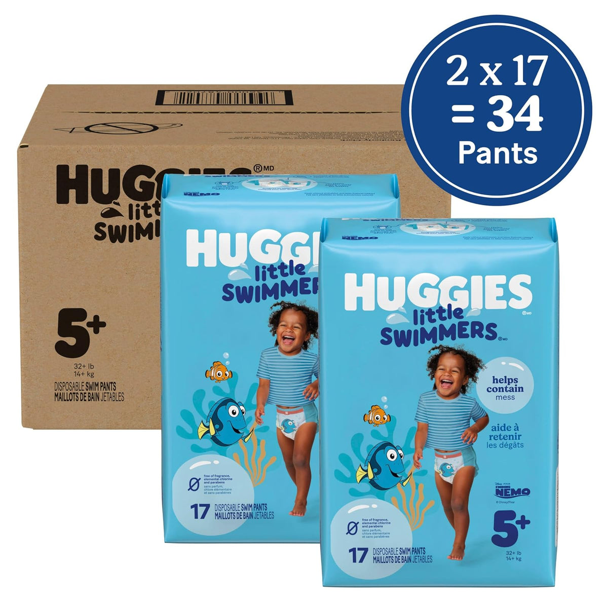 Huggies Little Swimmers - Pañales desechables para natación, Paquete de 2 pantalones de baño, Large