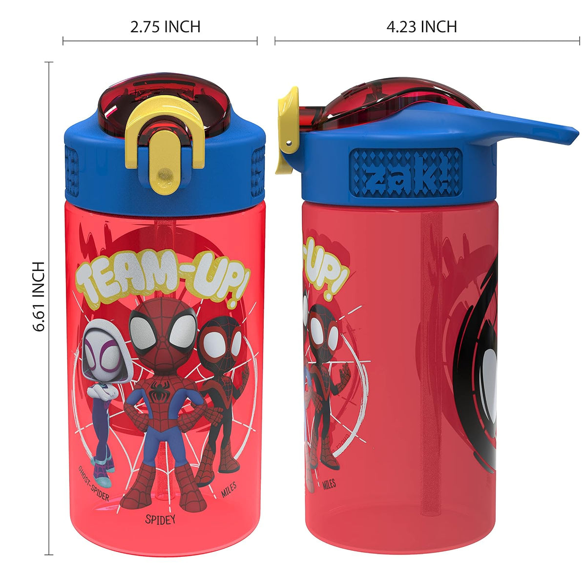 Zak Designs Marvel Spider-Man - Botella de agua para niños con tapa de boquilla y bucle de transporte, plástico duradero, diseño a prueba de fugas para viajes (16 onzas, paquete de 2, Spidey y sus