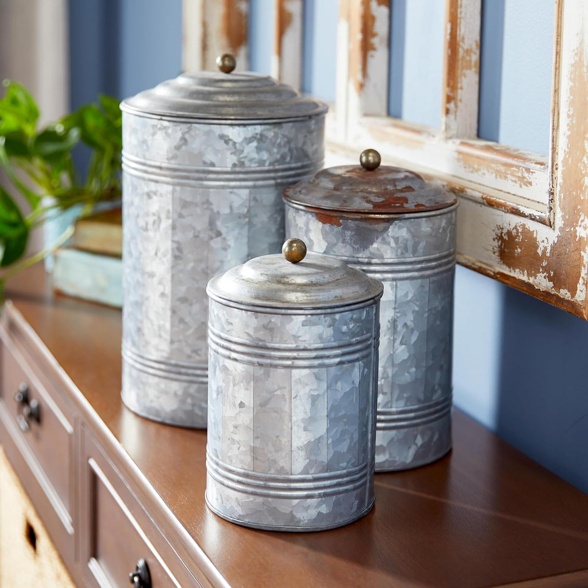 Deco 79 Metal Galvanized Canister, 11 by 9 by 7-Inch, Set of 3
