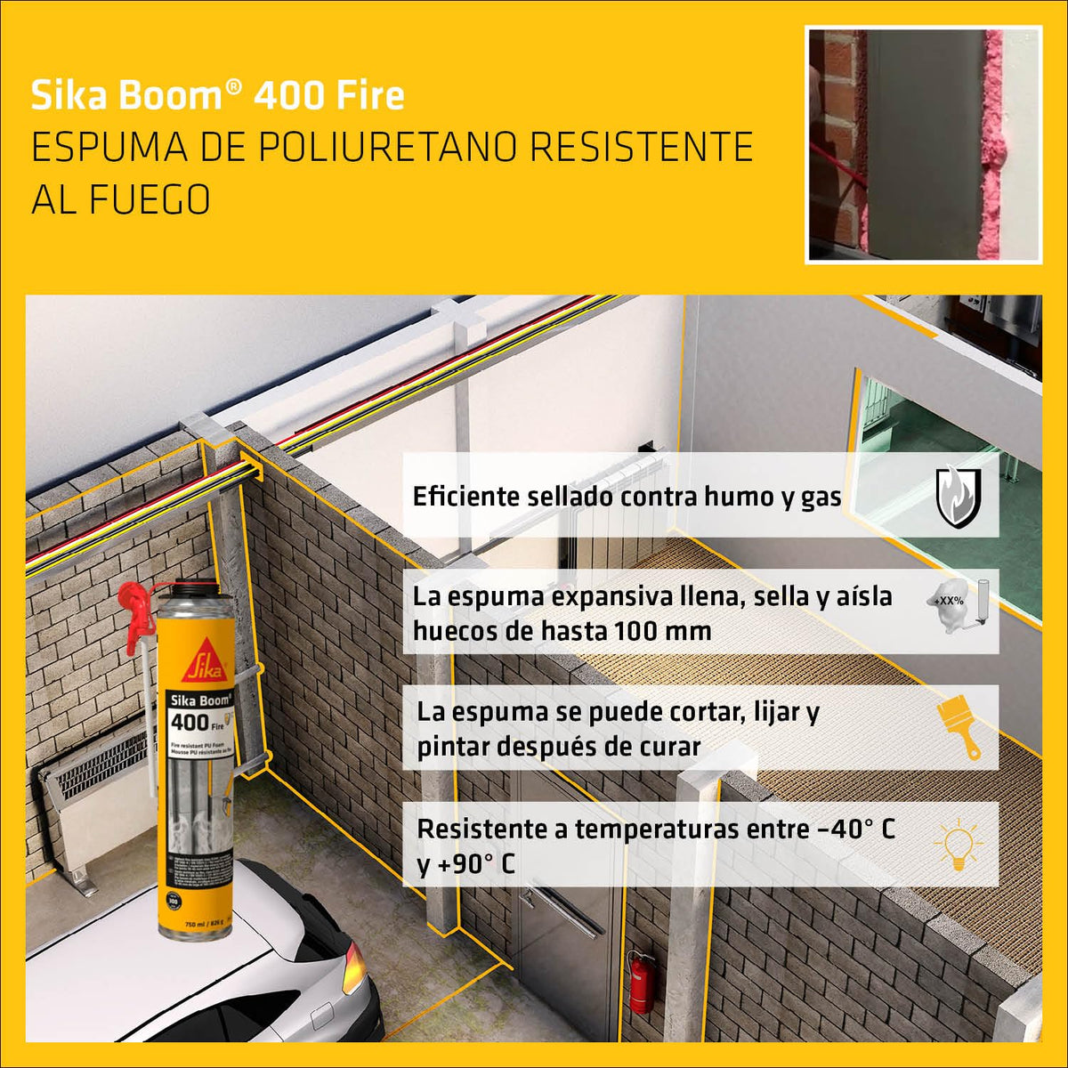 SIKA - Espuma expansiva - Sika Boom 400 Fire - Espuma expansiva de poliuretano profesional resistente al fuego - Temperatura entre –40 ° C y +90 ° C - Firestop hasta 4H - Clase EI 240 - Bote 750 ml