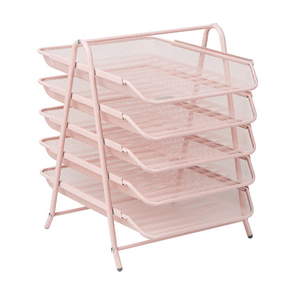 Betesh Mind Reader 5-Tier Paper Tray, Desktop Organizer, File Storage, Workspace, Office, Metal Mesh, 11.75" L x 14" W x 14.5" H, Pink