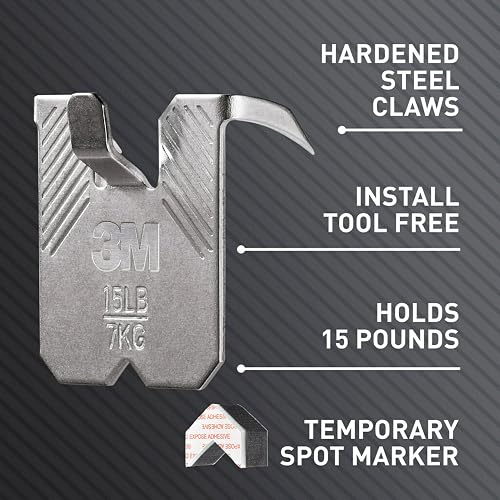 3M CLAW Colgador De Fotos Para Paneles De Yeso 15 LB 5 Pack | Plateado, Sin Herramientas, Sin Medición, Incluye Marcador De Puntos Temporales
