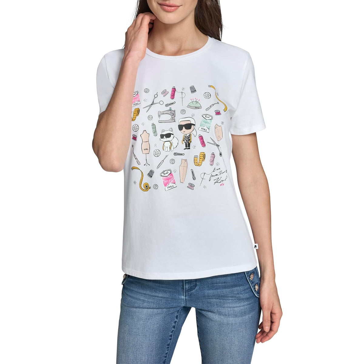 Karl Lagerfeld - Playera de Manga Corta con Cuello Redondo para Mujer