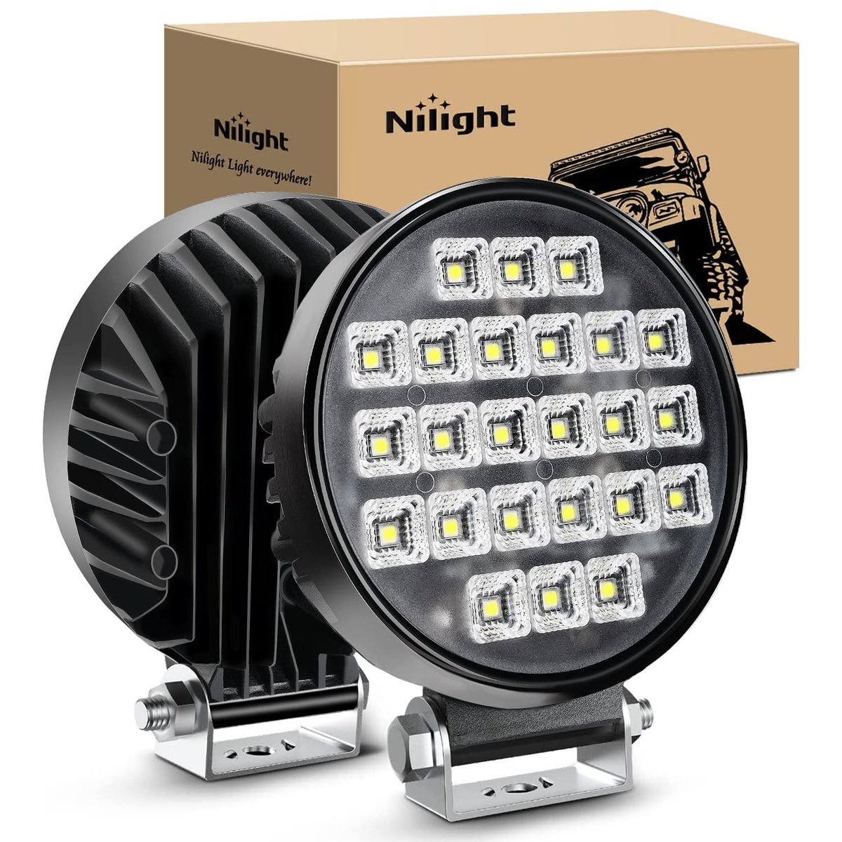 Nilight Luz de Trabajo LED Cuadrada 4.3 in, 60 W, Haz de Inundación 150° - 2 luces de inundación LED de 24 unidades