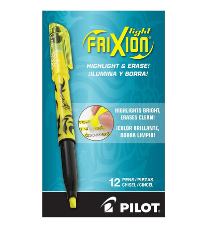 Pilot Frixion Light, Marcatexto borrable, tinta color amarillo, punta cincelada, Caja con doce piezas (46502)