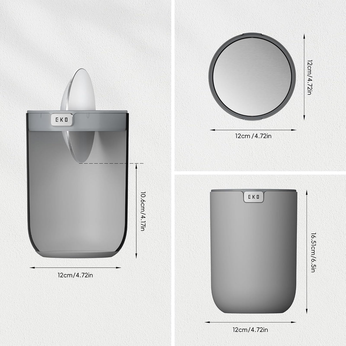 EKO - cubeta de basura de computadora con tapa abatible para mesa pequeña de 0.4 galones redondo para oficina, hogar, automóvil (gris)