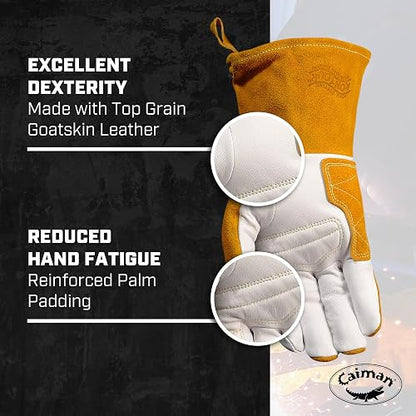 Caiman - Guantes de soldadura TIG/multitarea de grano de cabra, parte trasera de piel vacuno dividida, puño extendido de 4 pulgadas, blanco/dorado, L (1540-5)