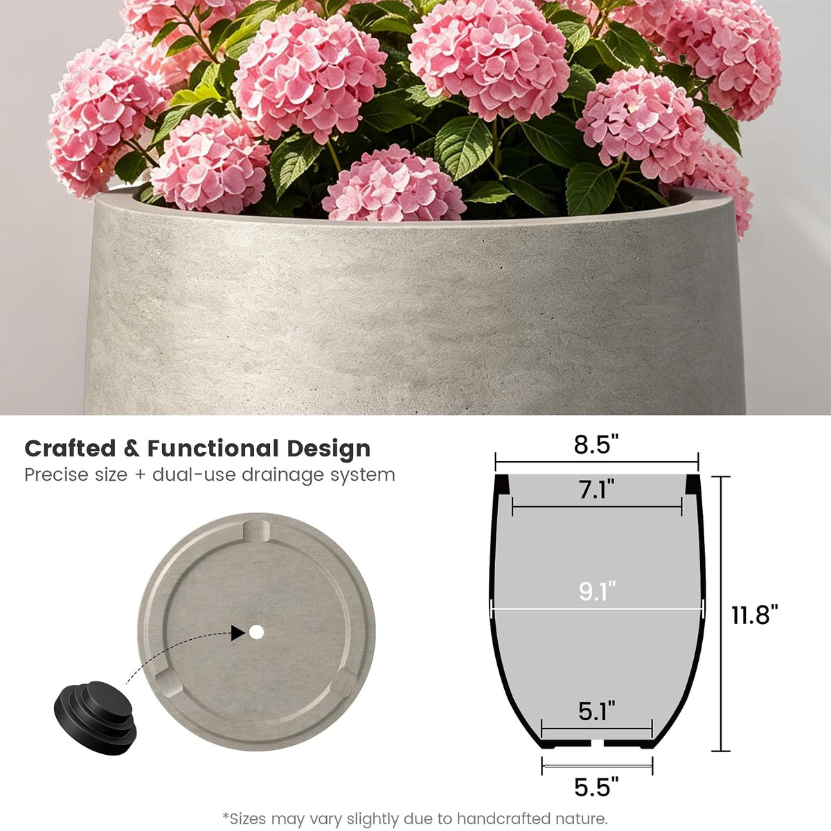 Kante Maceta de hormigón de 11.8 Pulgadas de Alto, Maceta Grande para Interiores y Exteriores con Drenaje, Acabado de hormigón Desgastado Suave con Interior Pintado, Ideal para Porche, hogar, jardín