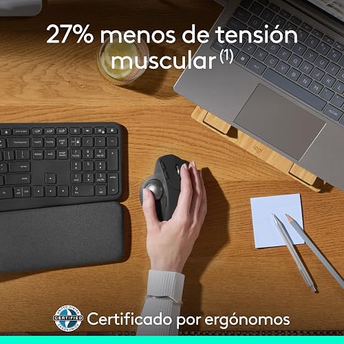 Logitech MX Ergo S Mouse inalámbrico avanzado con trackball, Mouse ergonómico inalámbrico Recargable Mediante USB-C con Bluetooth y dongle cifrado, 6 Botones programables, para PC/Mac - Grafito