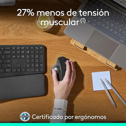 Logitech MX Ergo S Mouse inalámbrico avanzado con trackball, Mouse ergonómico inalámbrico Recargable Mediante USB-C con Bluetooth y dongle cifrado, 6 Botones programables, para PC/Mac - Grafito