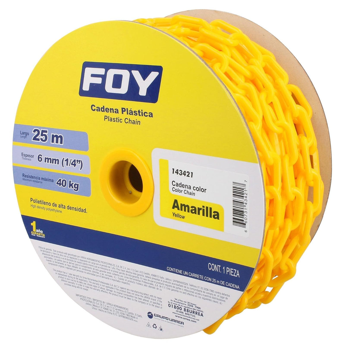 Foy 143421 Cadena plástica calibre 6 mm de 25 m, color amarillo