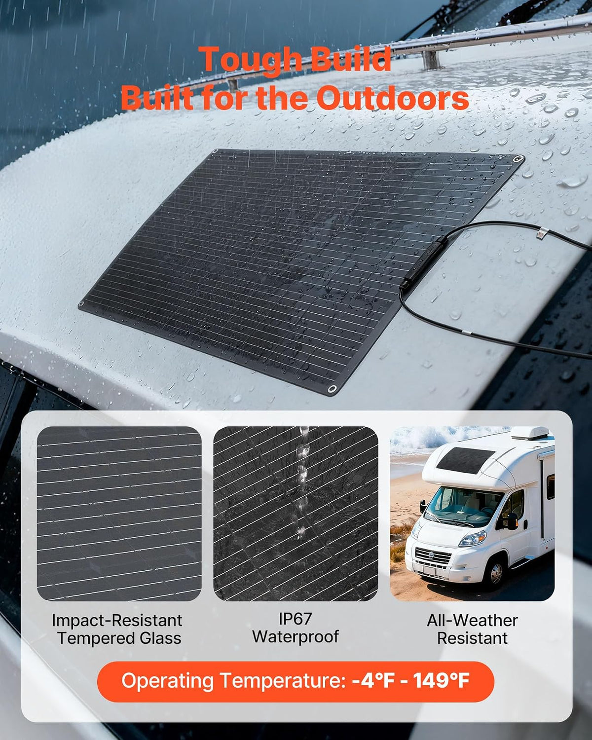 VEVOR Panel Solar Flexible Monocristalino de 100 W, Cargador Monofásico Fuera de Red con Eficiencia del 23% y Salida MC4, para Superficies Curvas de Cabinas de Vehículos Recreativos y Marinos