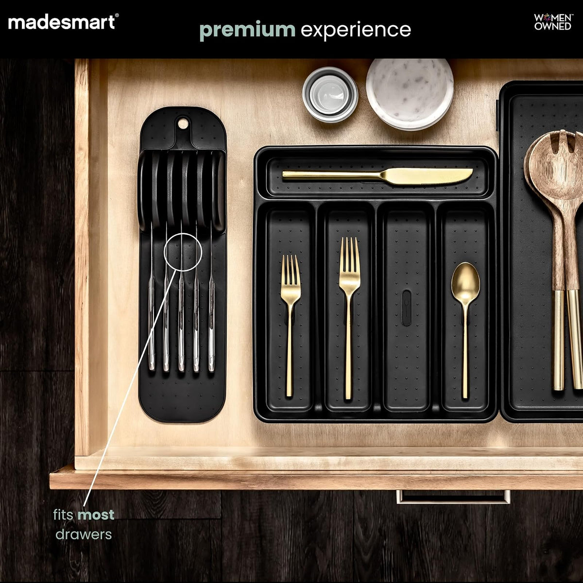 Madesmart Classic - Tapete de almacenamiento para cuchillos pequeños de 5 ranuras para cajones, bloque de cuchillos de cocina de agarre suave, color carbono