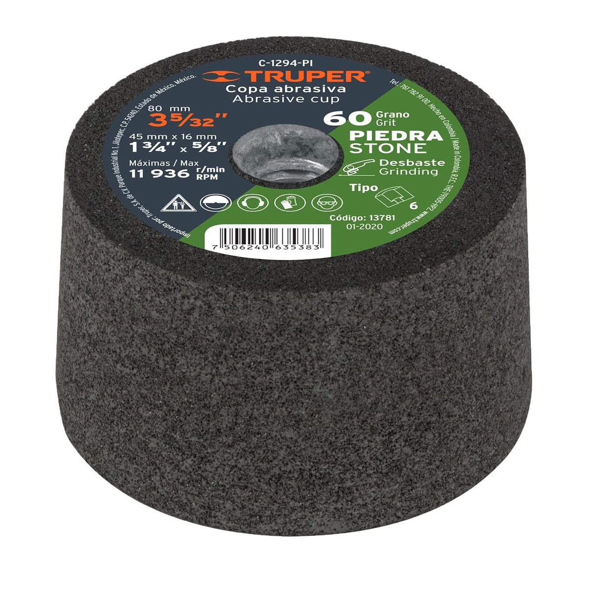 Truper C-1294-PI, Copa desbaste, 3-5/32", grano 60 para piedra - 5 - 8-11 - Grano 60