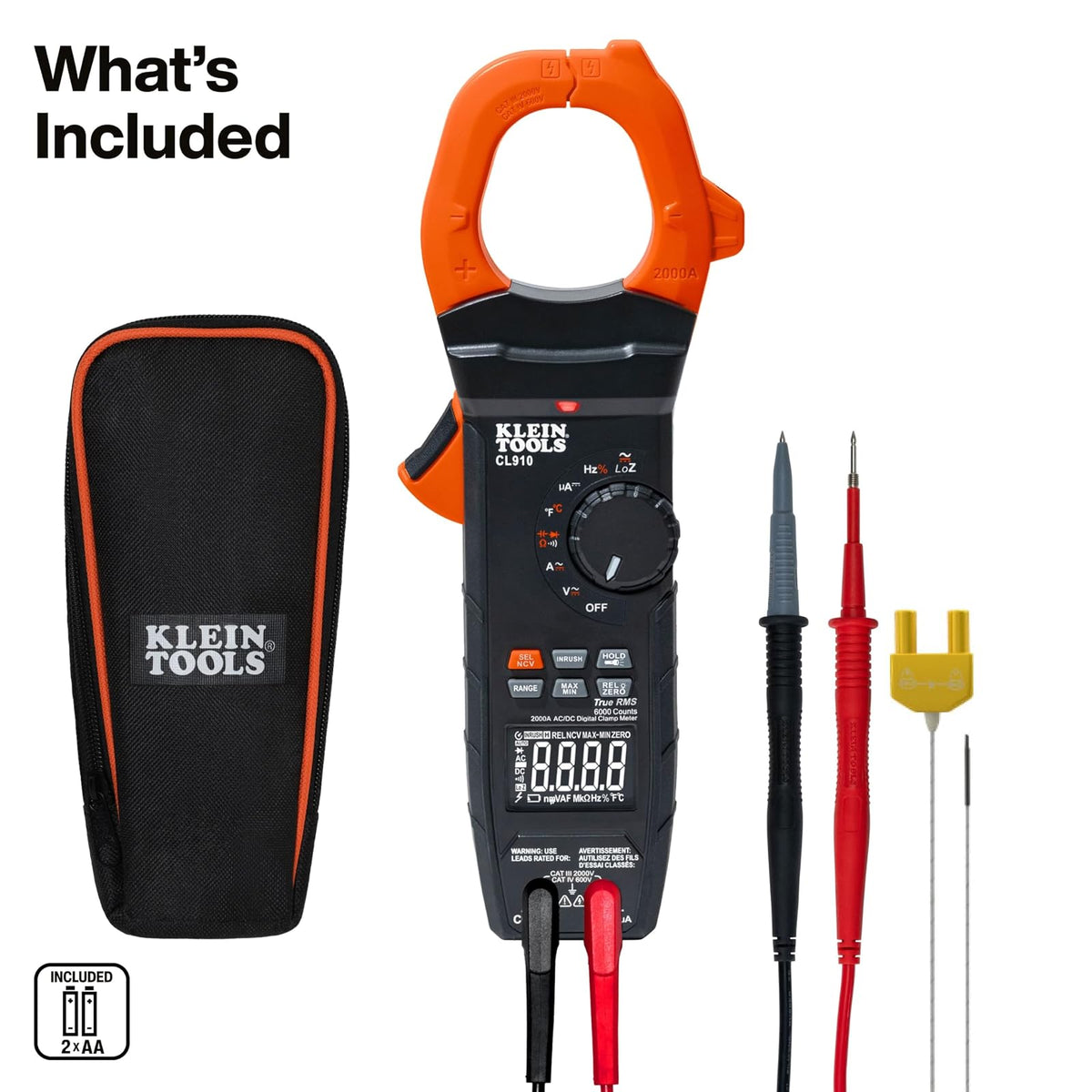 Klein Tools CL910 Multímetro digital de rango automático de 2000 V 2000 A CA/CC con TRMS, luz de trabajo y visualización retroiluminada