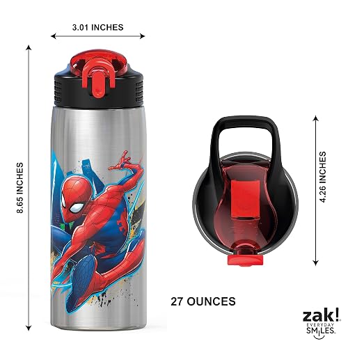 Zak Designs - Botella de agua Marvel 18/8 de acero inoxidable de una sola pared de 27 oz con popote abatible y tapa con cierre, taza duradera para deportes o viajes (27 oz, Spider-Man)