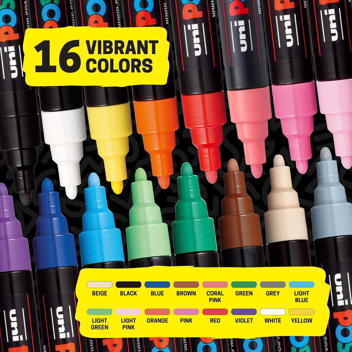 Posca Plumones PC-5M Puntas Medias Juego De 16 Piezas | Basicos, 1.8-2.5 mm, Multi Superficies, Tinta No Toxica