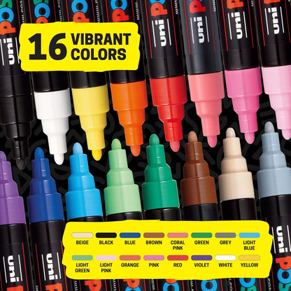 Posca Plumones PC-5M Puntas Medias Juego De 16 Piezas | Basicos, 1.8-2.5 mm, Multi Superficies, Tinta No Toxica
