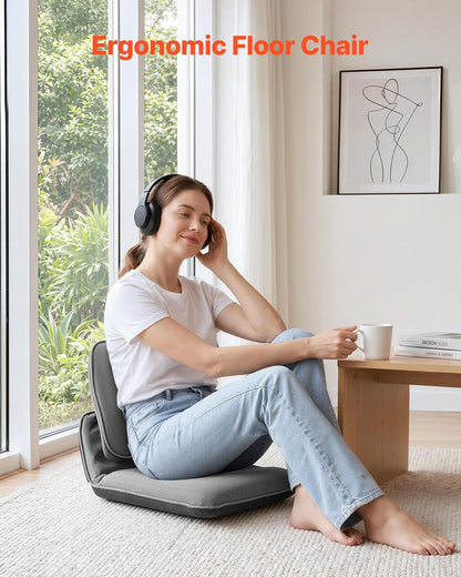 VEVOR Silla de Suelo Relax, Silla Reclinable con Soporte Lumbar Ergonómico, Respaldo Ajustable en 5 Posiciones, Acolchado de Espuma, Marco Metálico y Tapizado de Lino, para Lectura Descanso, Gris