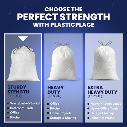 Plasticplace 5 gallon Trash Bags │ 0.9 Mil │ White Drawstring Garbage Liners for Bucket │ 19" X 25" (100Count)