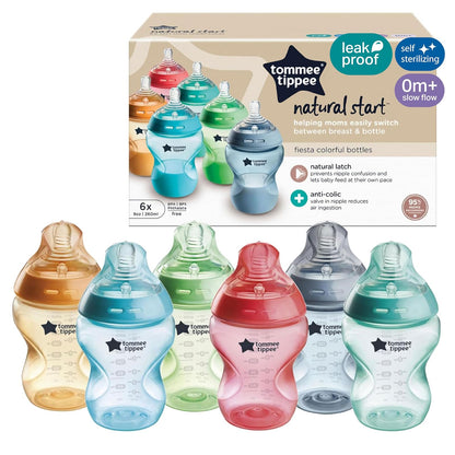Tommee Tippee Biberones Anticólicos Natural Start, 0m+, 260ml/9oz | Paquete de 6, Tetina Flujo Lento Tipo Pecho, Autoesterilizable, Fácil Transición Pecho-Mamila, Colores Fiesta, Libre de BPA