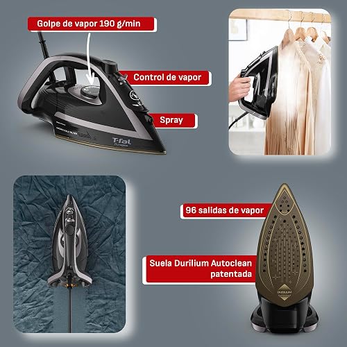 T-fal Plancha de Vapor Puregliss Black and Silver FV8067X0 | Sistema anti calcio, Suela Durilium Airglide AutoClean, 1800 W de potencia, vapor potente, apagado automático