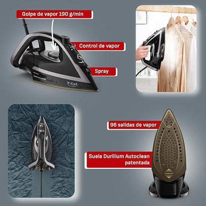 T-fal Plancha de Vapor Puregliss Black and Silver FV8067X0 | Sistema anti calcio, Suela Durilium Airglide AutoClean, 1800 W de potencia, vapor potente, apagado automático