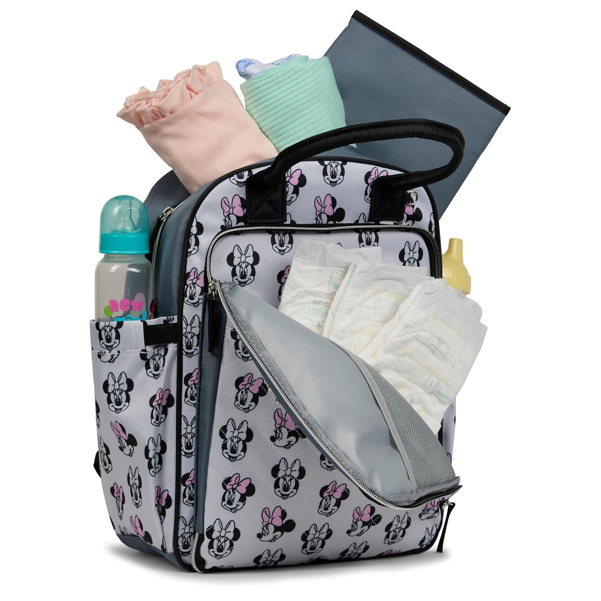 Disney - Mochila para pañales con cambiador - Bolsa de bebé de nailon de 16 pulgadas, Mickey Mouse, Minnie Mouse, Stitch y Winnie the Pooh