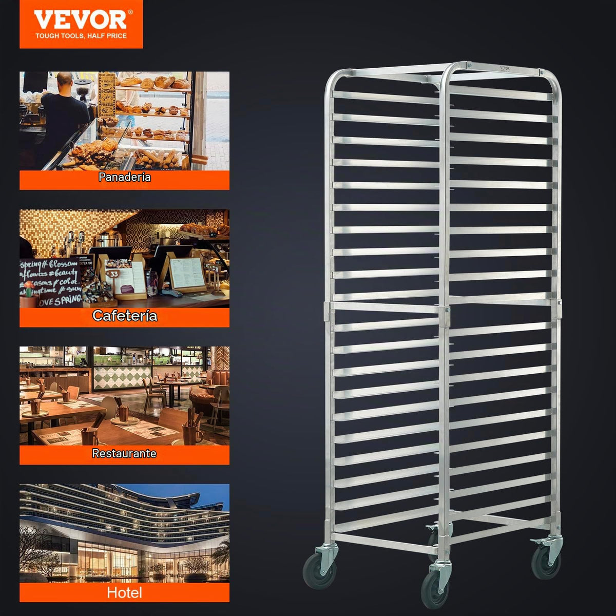 VEVOR - Estante para sartenes para panadería comercial de 20 niveles con ruedas de freno, almacenamiento de aluminio para media hoja y completa, estante de velocidad para cocina, hogar, equipo de
