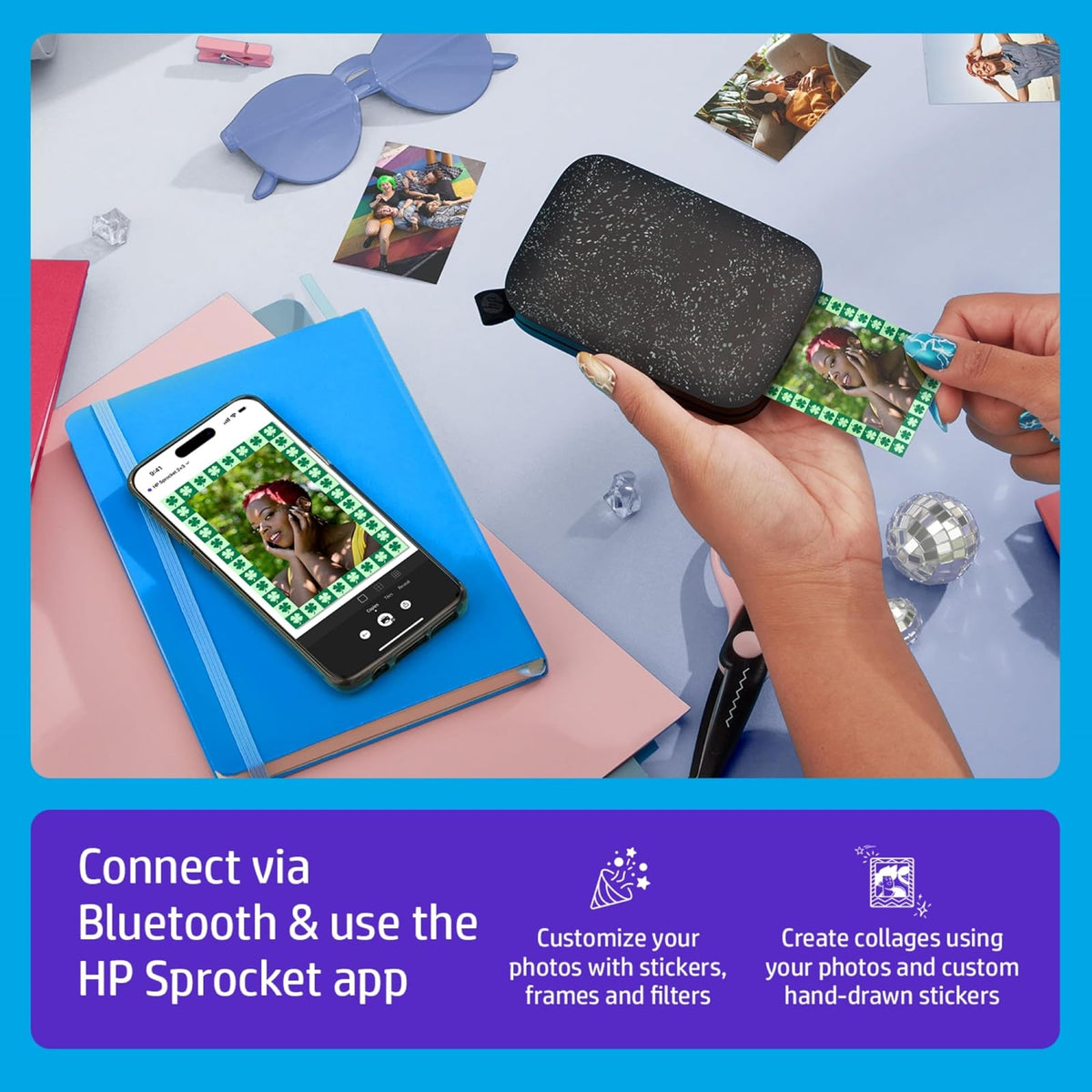 HP Sprocket Portable 2x3 Instant Photo Printer (Black Noir) Zink Paper Bundle