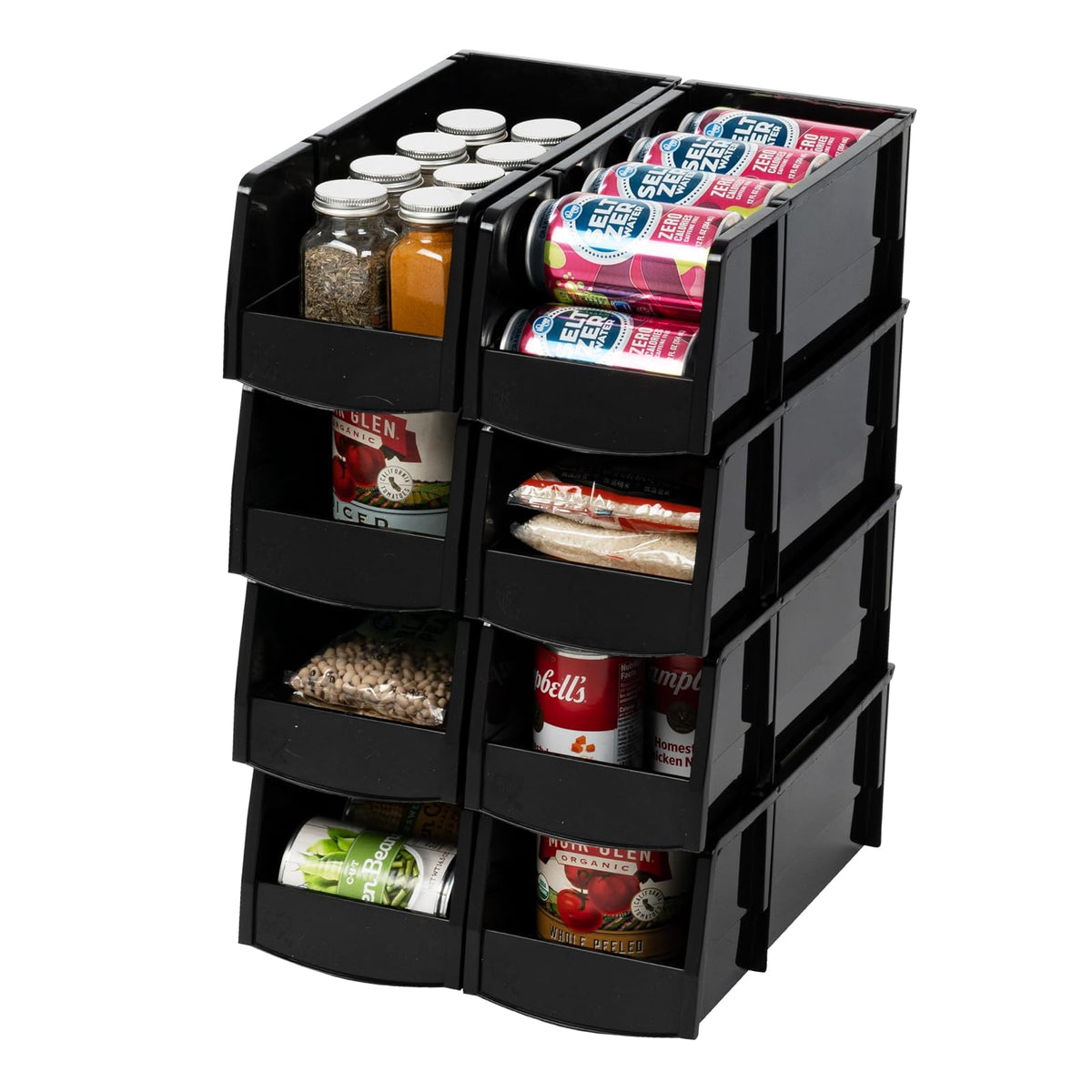 IRIS USA Paquete de 8 Contenedores Grandes Apilables, Negro | Organiza piezas pequeñas, ferretería, manualidades, despensa y artículos del hogar con acceso frontal y cajas apilables