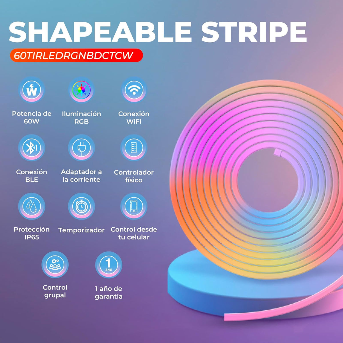 Tecnolite Connect - Tira LED Neón Inteligente WiFi 5 metros, 60 W Luz RGB + Blanca, IP65, Compatible con App móvil y Alexa. Google, Siri, Lámpara Interior