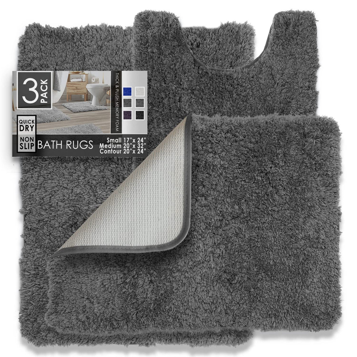 Clara Clark - Alfombra de baño de Pelo Largo con Base Antideslizante de Goma Supersuave, Gris, Set de 3 Piezas, 1