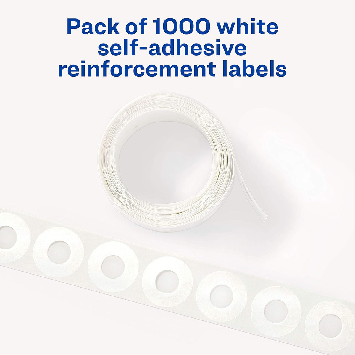 Avery Refuerzos autoadhesivos de polivinilo con diámetro estándar, color blanco, 1000 unidades por paquete (5720)